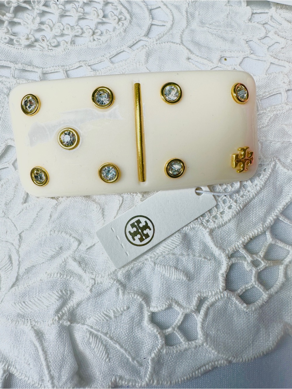 Tory Burch Ivory Barrette with Gold-Tone Accents and Crystals